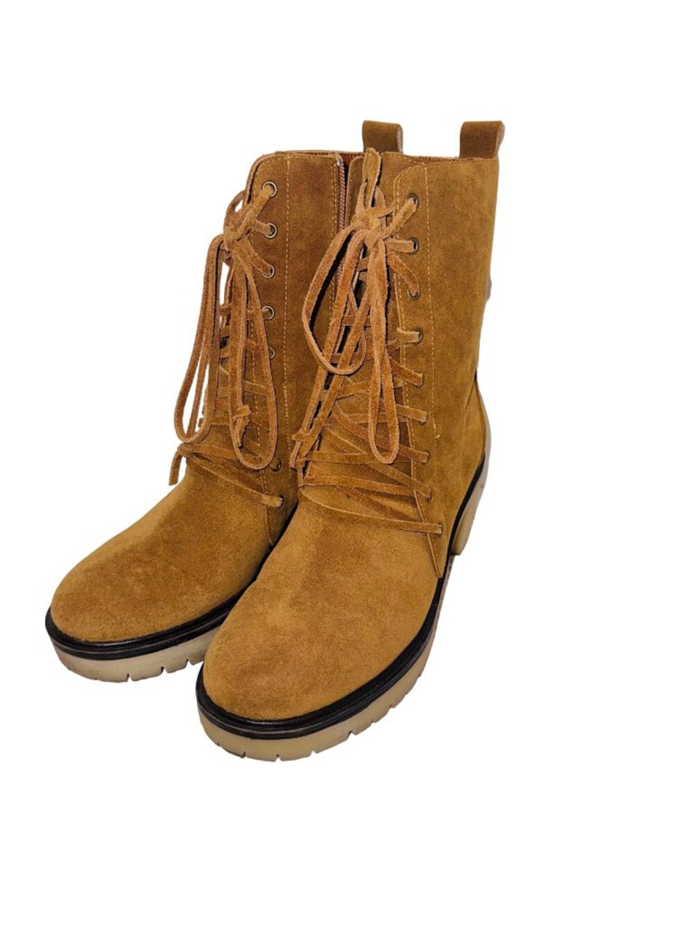 Mum Camel Suede Lace-Up Mid-Calf Boots Chunky Platform Heel Boho Retro 70s Y2K 7